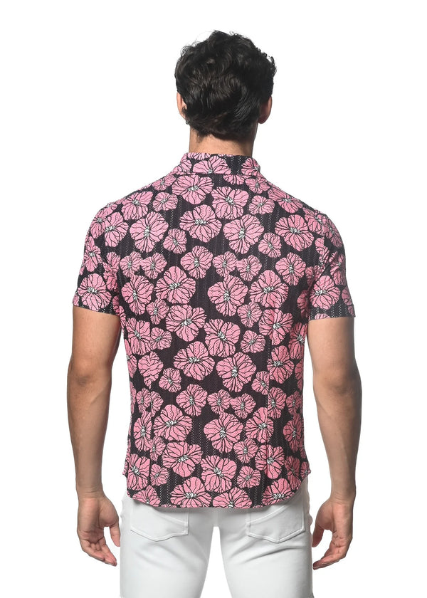 Open Knit Stretch Short Sleeve Shirt (Pink Black Floral)