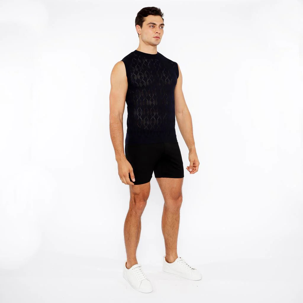 Open-Knit Diamond Vest (Navy)