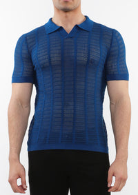 Open Collar Mesh Knit Polo (Peacock)