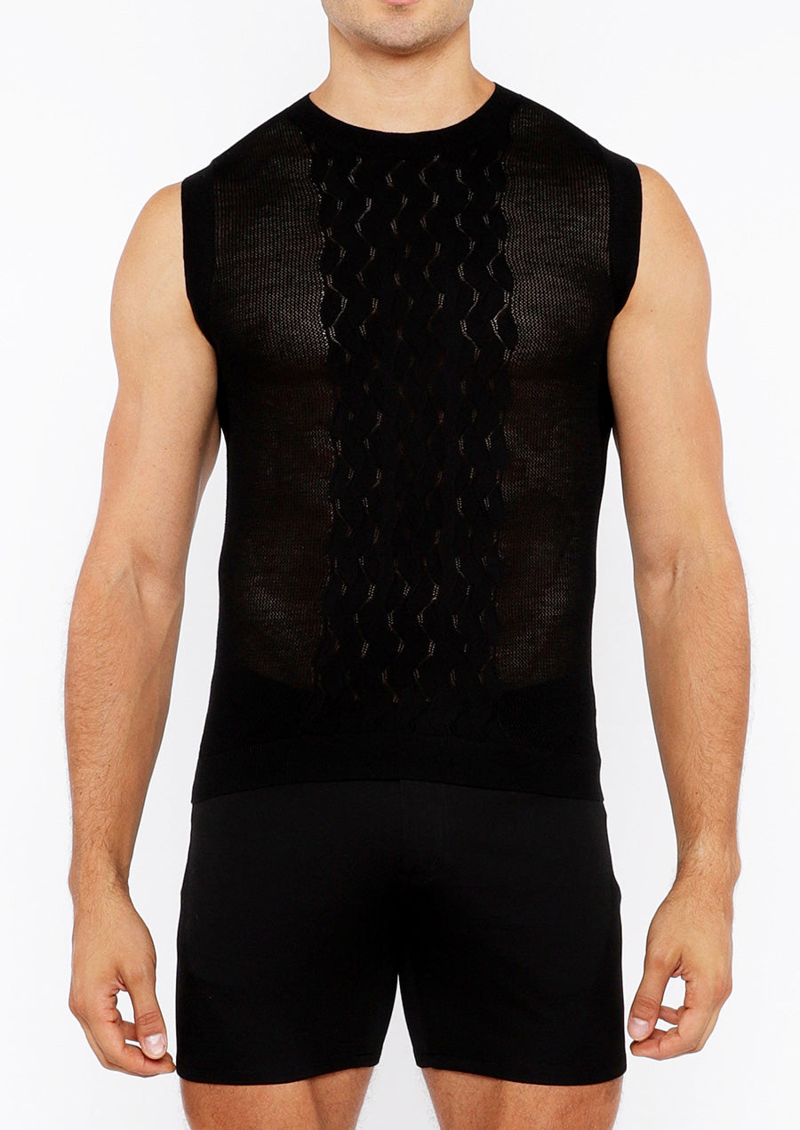 Pointelle Tux Open Knit Vest (Black)
