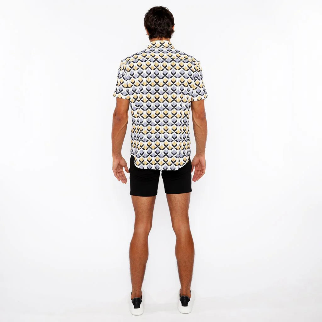 Printed Open Knit Stretch Shirt (Gold/Silver Diamonds)