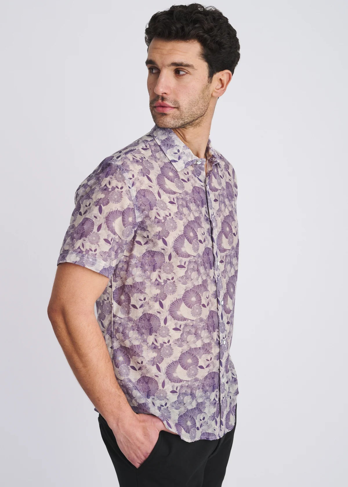 Printed Linen/Tencel Shirt (Sky/Navy Floral)