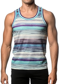 Printed Mesh Tank Top (Teal Blue Stripes)