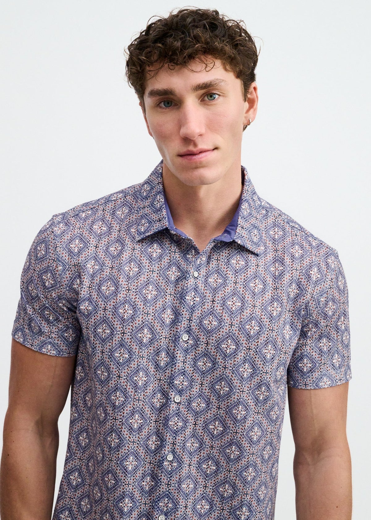 Printed Open Knit Stretch Shirt (Blueberry/Petal Diamonds)