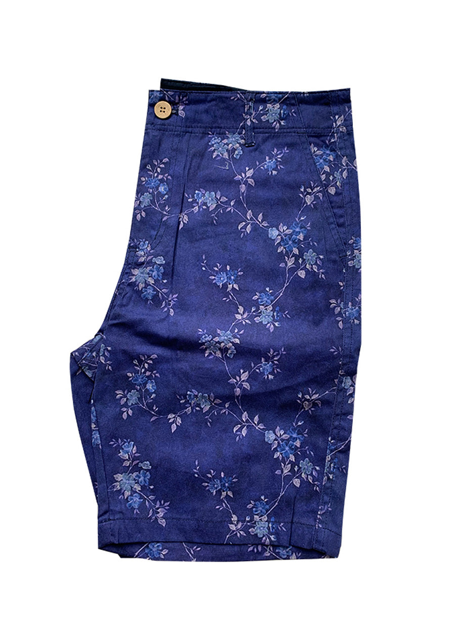 Blue Flower Vines Stretch Cotton Shorts