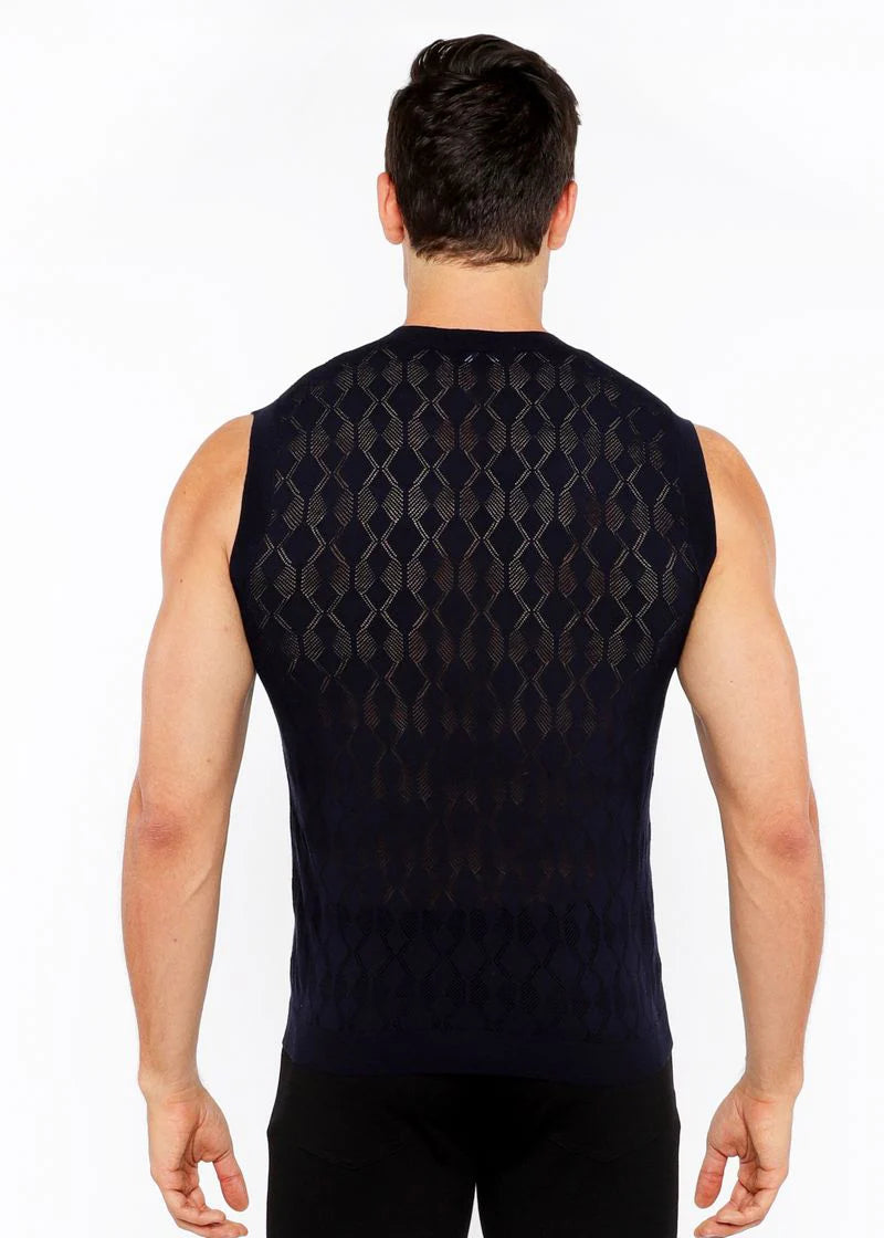 Open-Knit Diamond Vest (Navy)