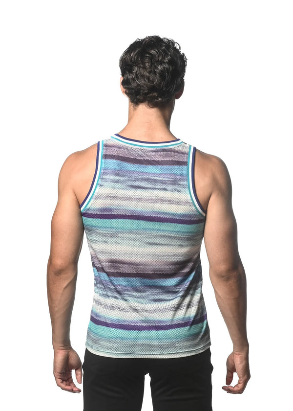 Printed Mesh Tank Top (Teal Blue Stripes)