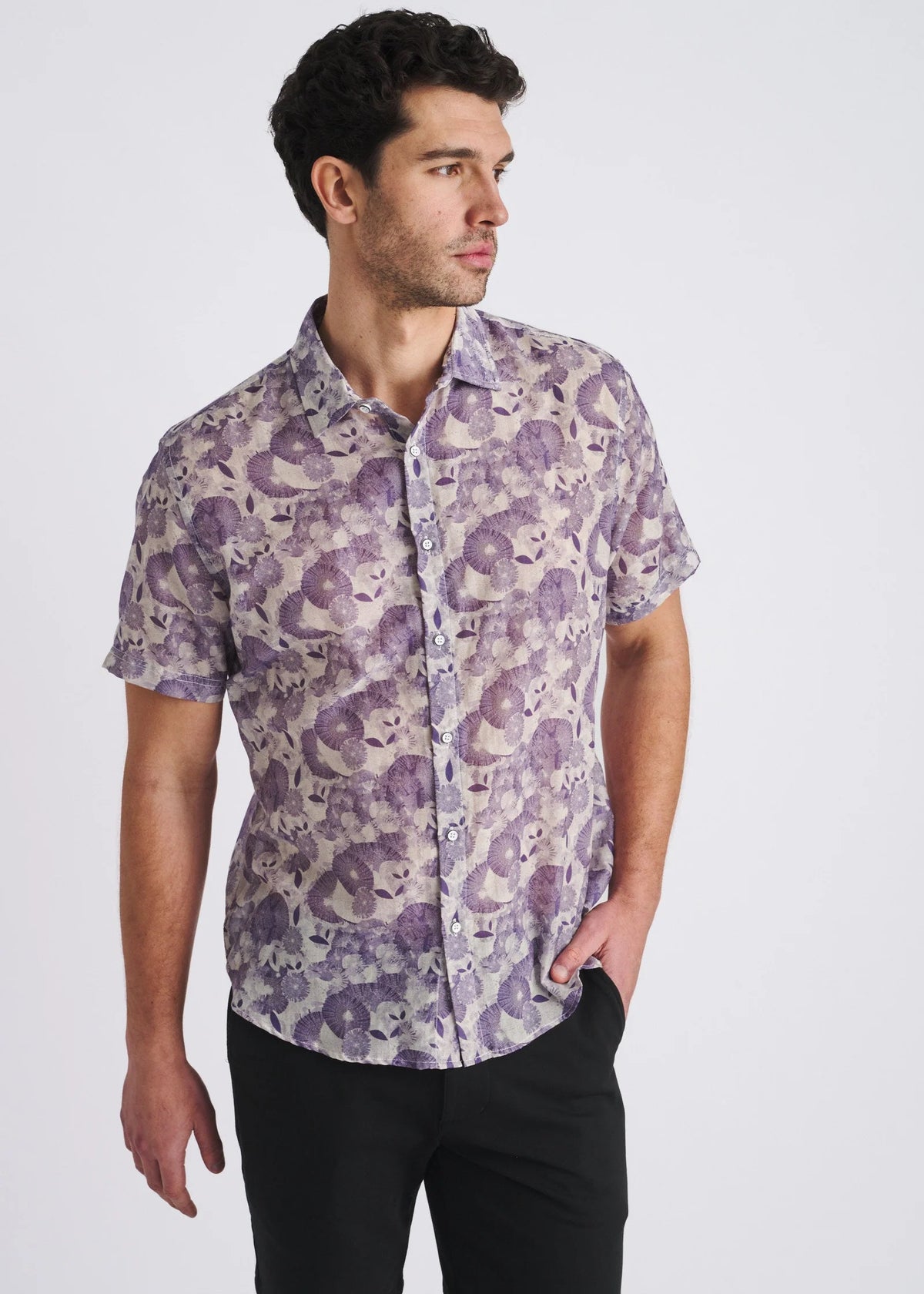 Printed Linen/Tencel Shirt (Sky/Navy Floral)