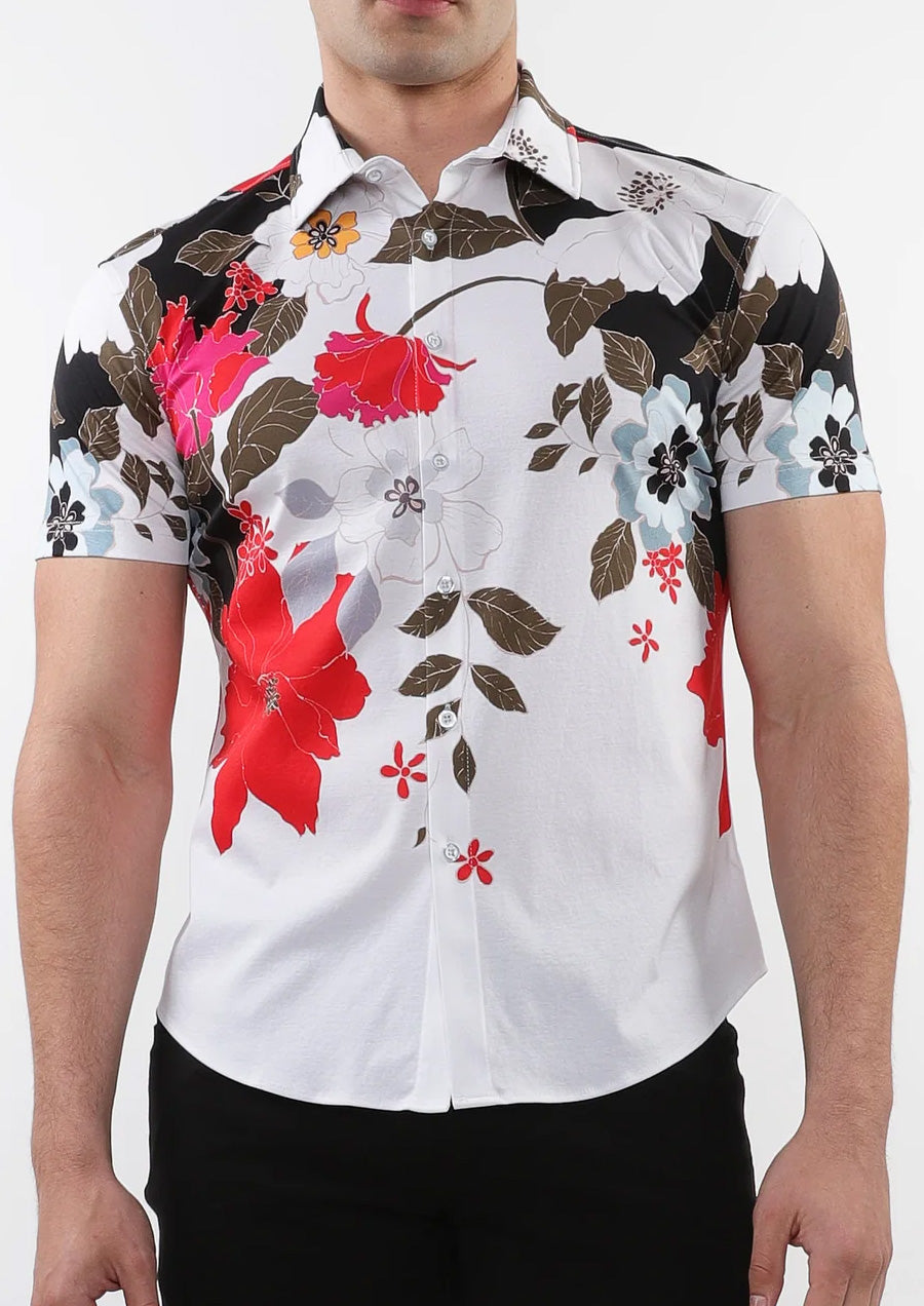 Printed Cotton Short Sleeve Shirt (Black Red Floral)