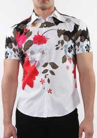 Printed Cotton Short Sleeve Shirt (Black Red Floral)