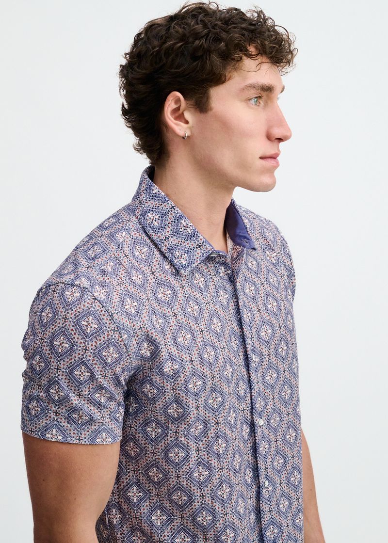 Printed Open Knit Stretch Shirt (Blueberry/Petal Diamonds)