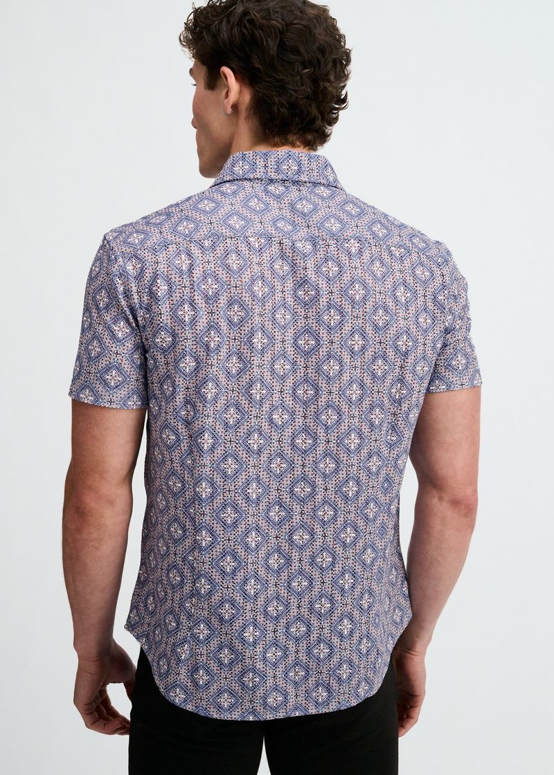 Printed Open Knit Stretch Shirt (Blueberry/Petal Diamonds)