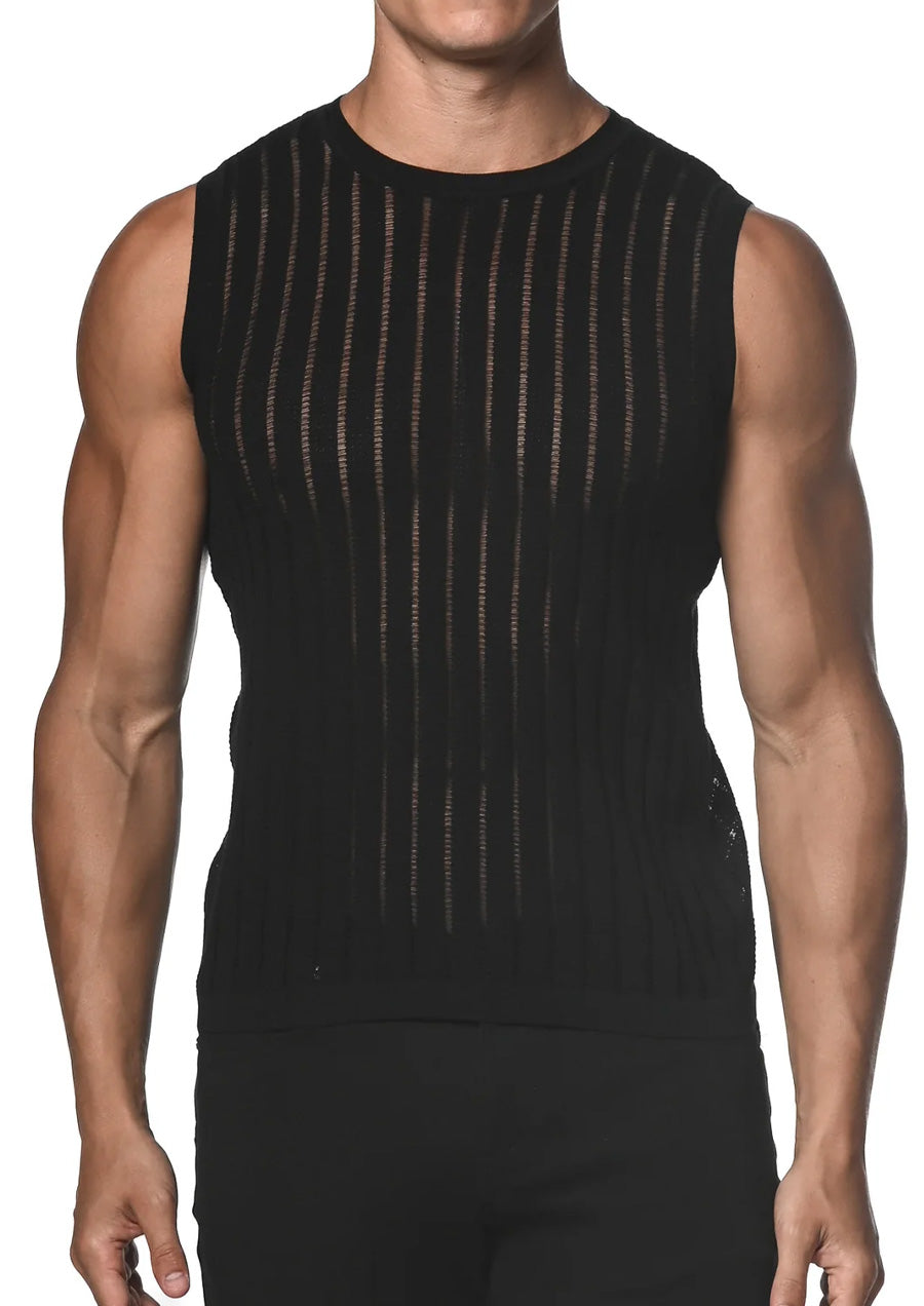 Vertical Stripe Textured Knit Vest (Black Sheer)