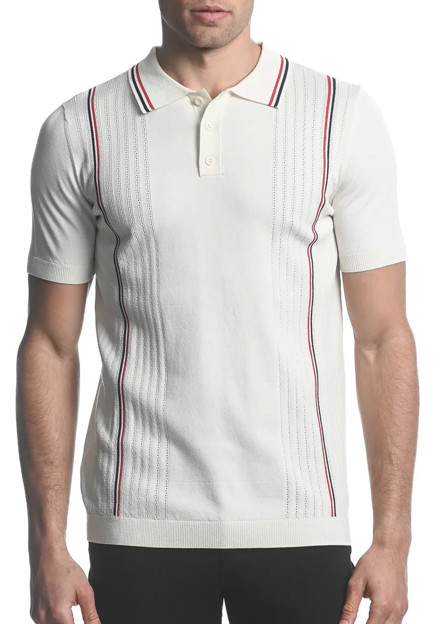 3-Button Textured Knit Polo (White Vertical Stripe) – Brick