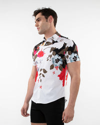 Printed Cotton Short Sleeve Shirt (Black Red Floral)