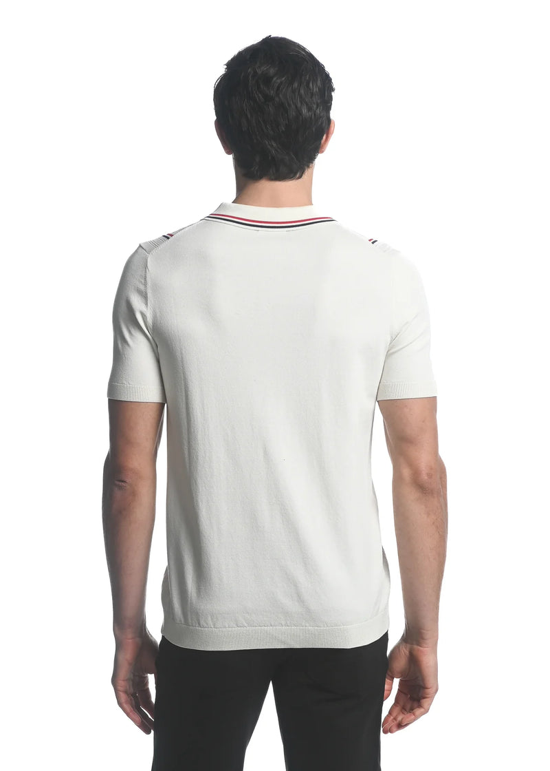 3-Button Textured Knit Polo (White Vertical Stripe)