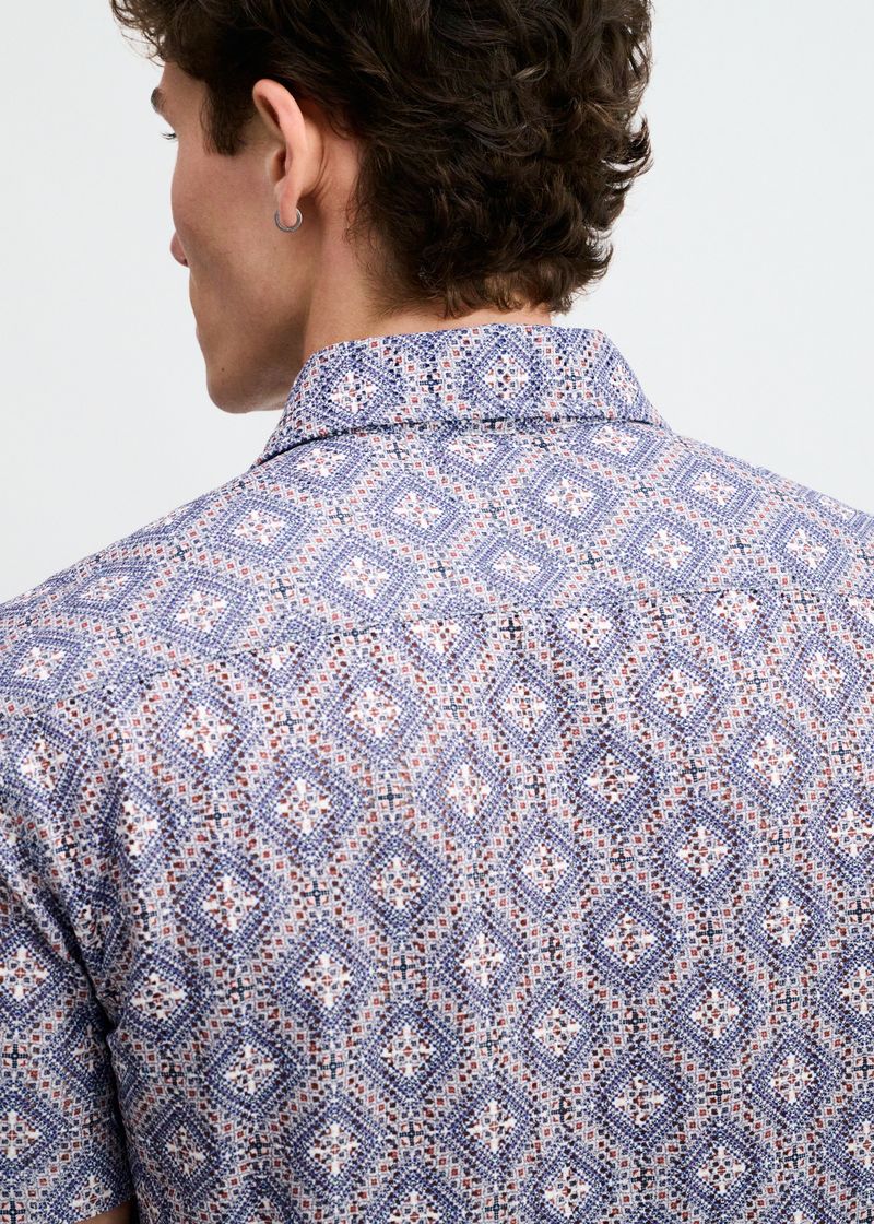 Printed Open Knit Stretch Shirt (Blueberry/Petal Diamonds)