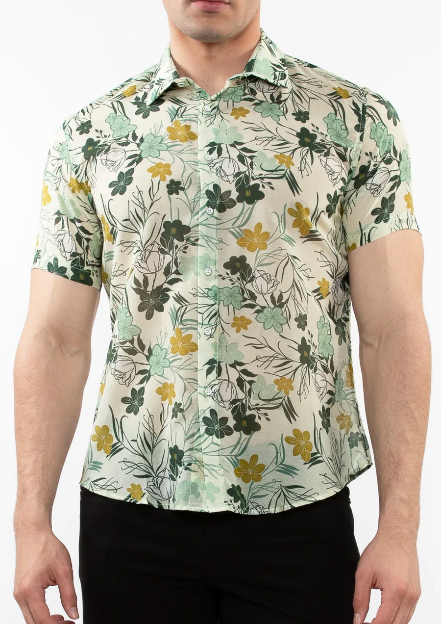Cotton Silk Short Sleeved Shirt (Fern Ochre Floral)