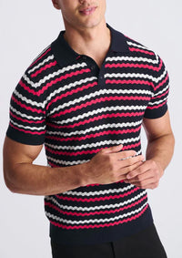 Textured 3-Button Knit Polo (Bubblegum/Navy)