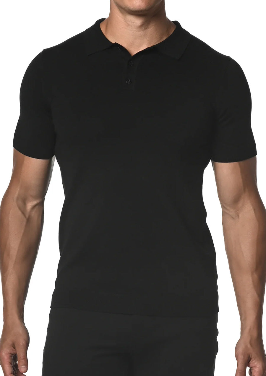 Silk/Tencel 3-Button Knit Polo (Black)