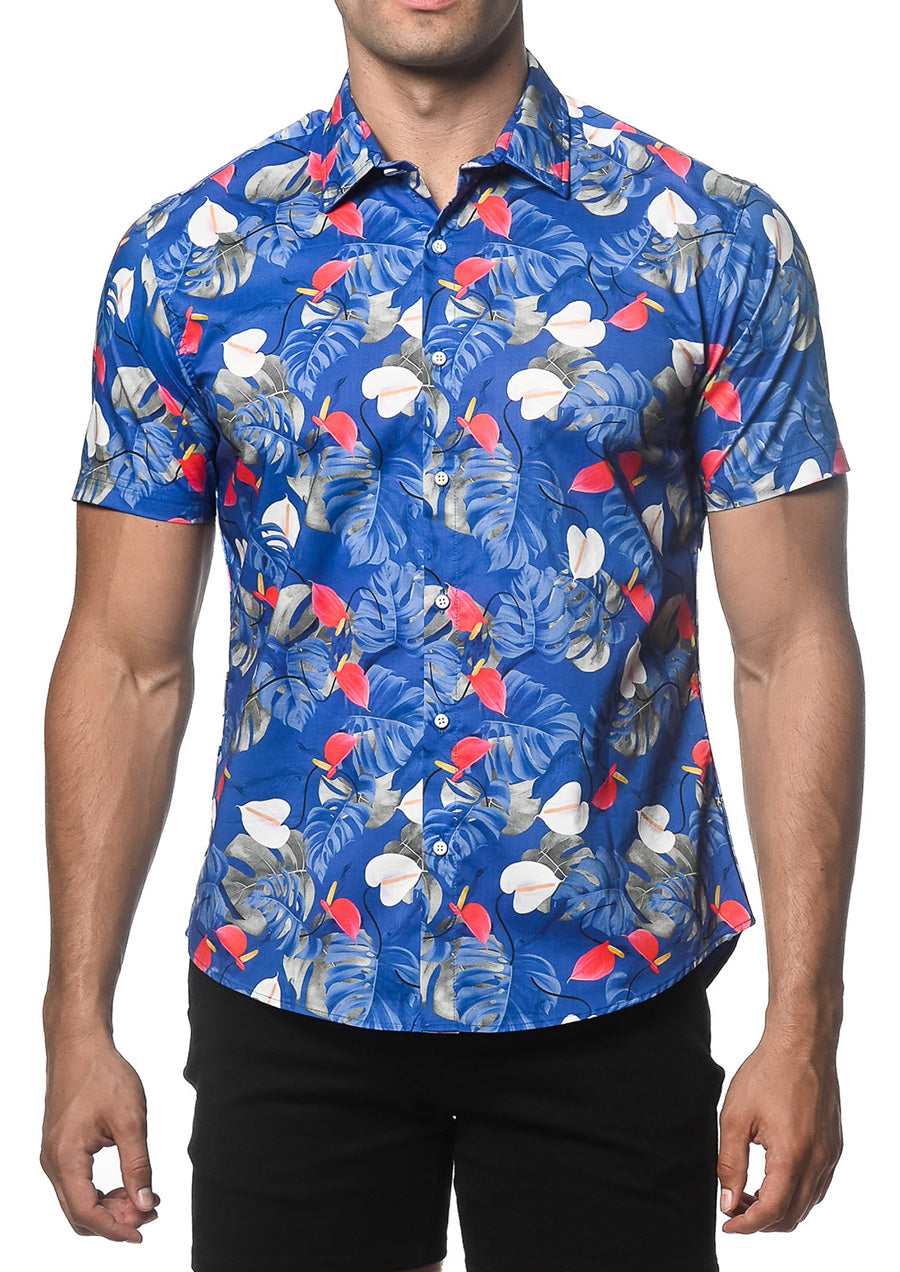 Tencel/Cotton Woven Shirt (Cobalt/Red Tropicale)