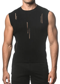 Distressed Textured Knit Tank (Black)