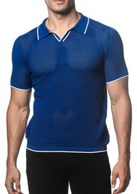 Textured Mesh Knit Johnny Collar Polo (Cobalt)