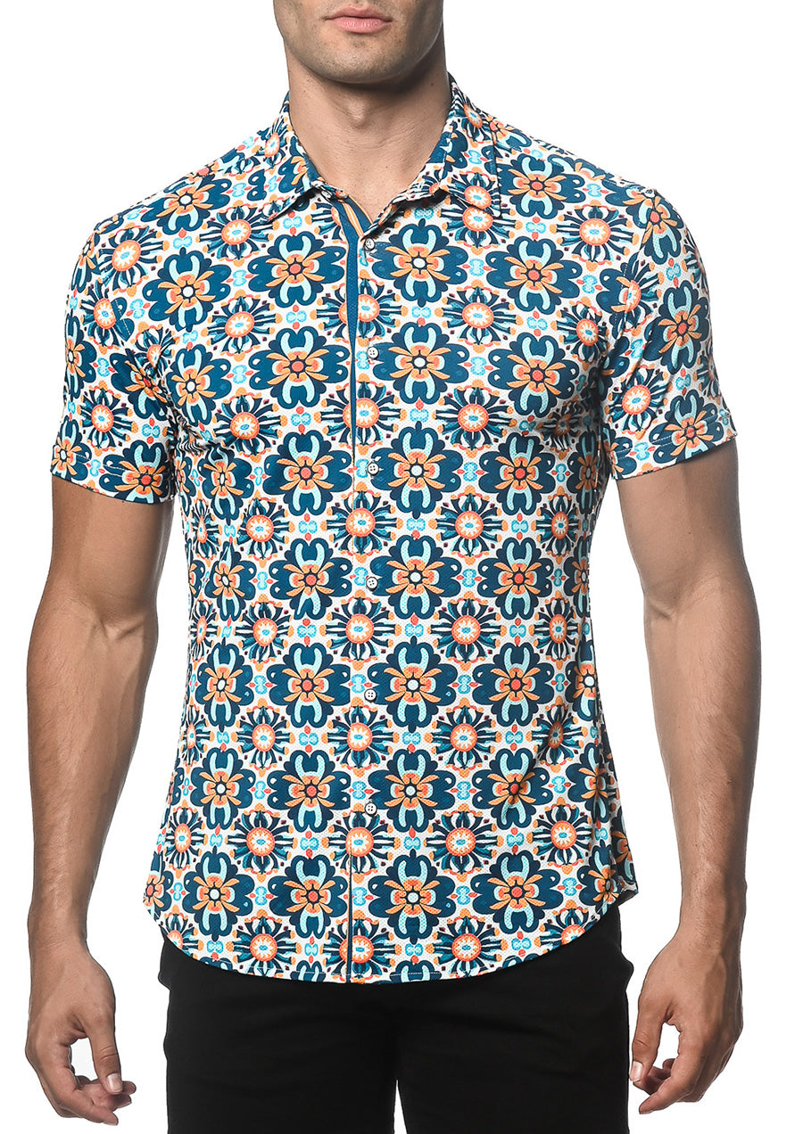 Printed Performance Stretch Shirt (Cobalt Floral Tiles)