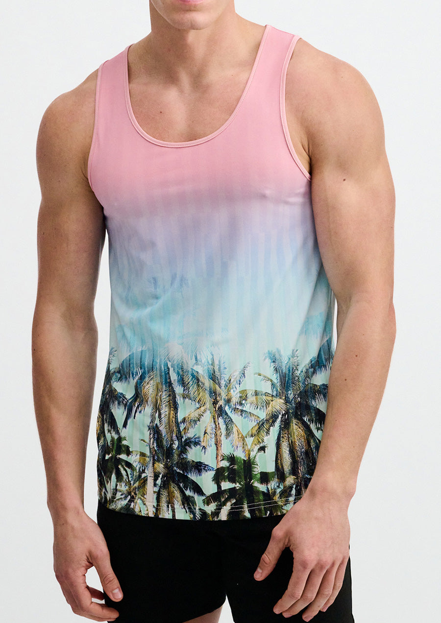 Printed Mesh Knit Tank (Blush/Aqua Palms)