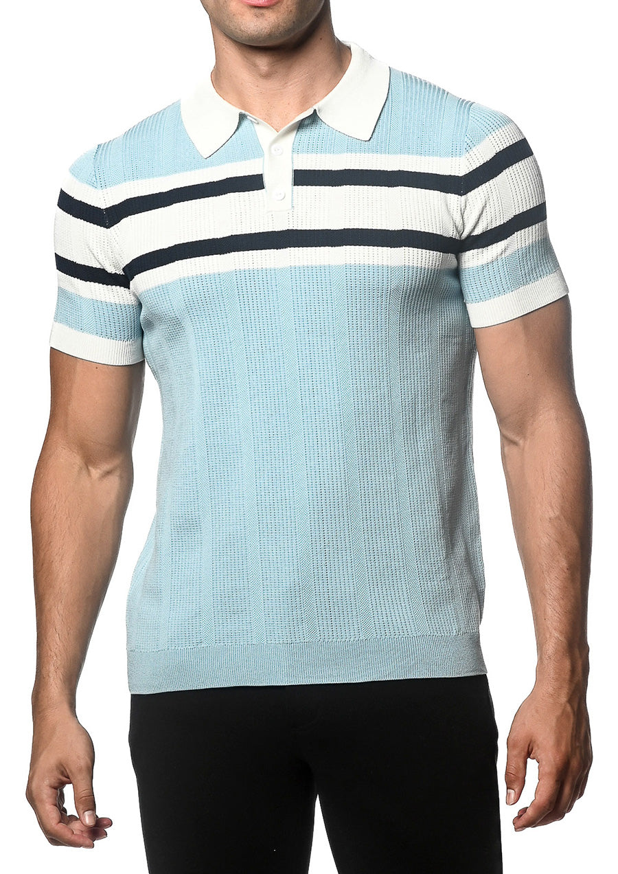 Silk/Tencel Stripes Knitted Polo (Blue Smoke)