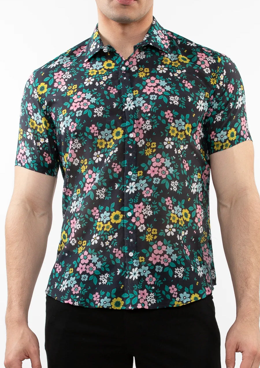 Cotton Silk Woven Shirt (Navy Teal Floral)