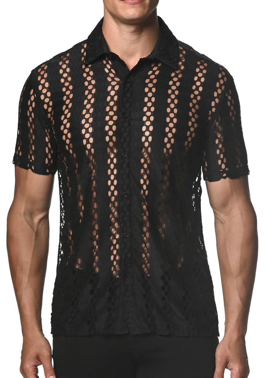 Stretch Knit Lace Gossamer Shirt (Black Honeycomb)