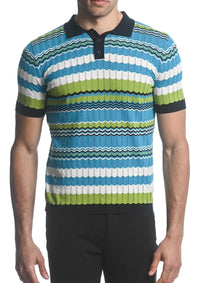 3-Button Textured Chevron Stripe Knit Polo (Navy/Citrus)