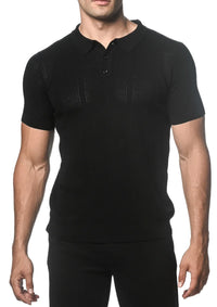 Silk/Tencel Textured Knitted Polo (Black)