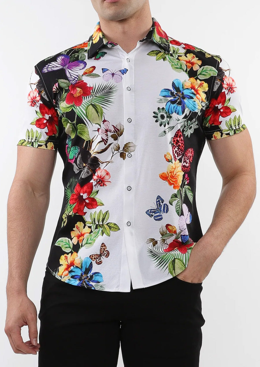 Printed Cotton Short Sleeve Shirt (Black Butterflies)