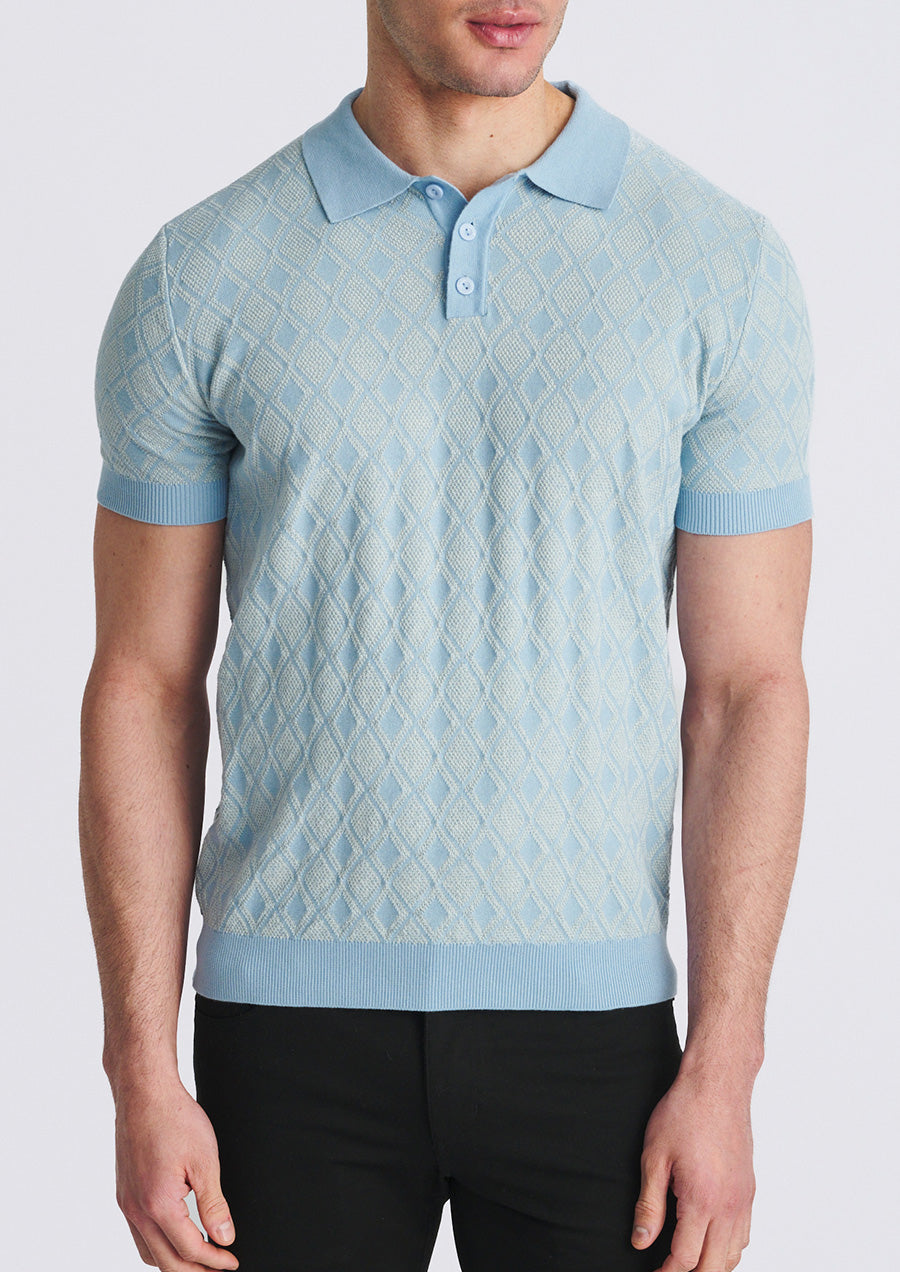 Textured 3-Button Knit Polo (Blue Finch)