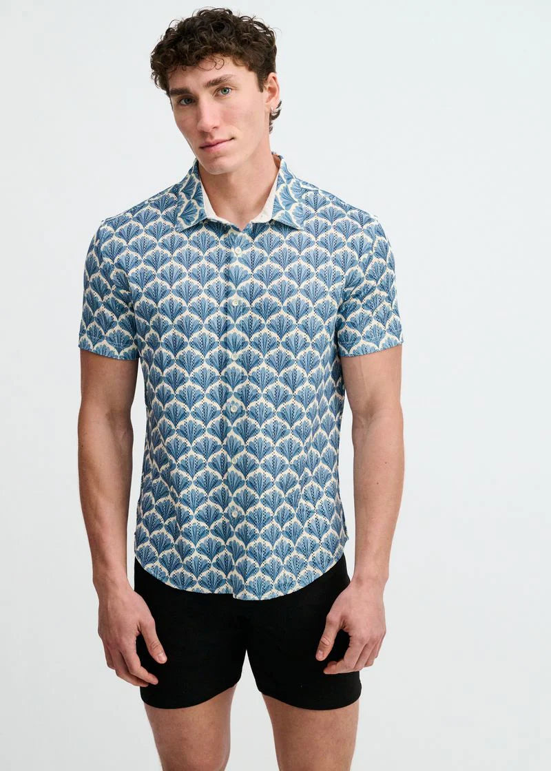 Printed Open Knit Stretch Shirt (Slate/Blue Floral)