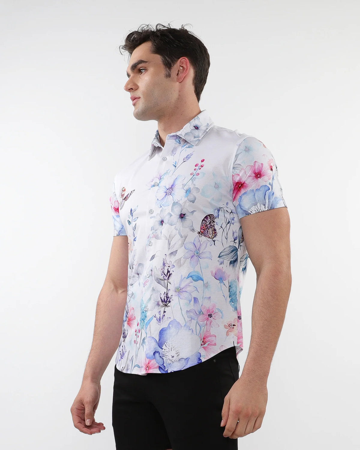 Printed Jersey Short Sleeve Shirt (Blue/Teal Watercolors)