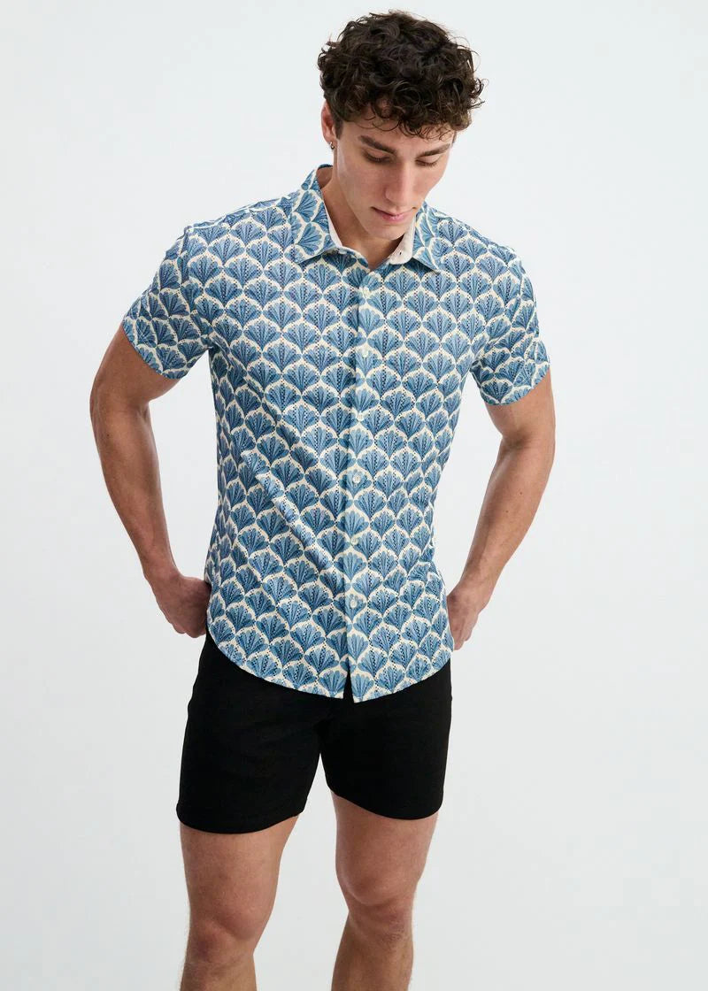 Printed Open Knit Stretch Shirt (Slate/Blue Floral)