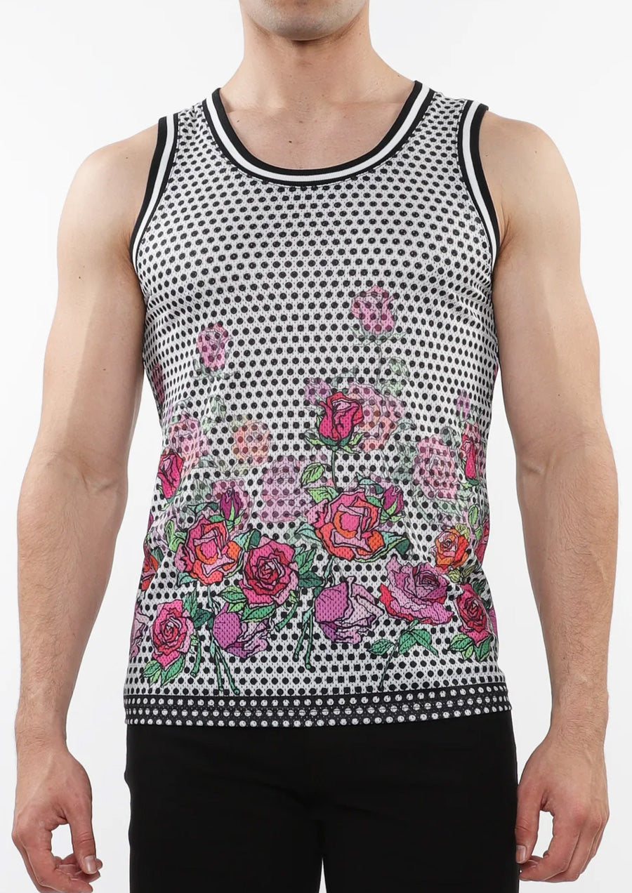 Printed Mesh Tank Top (Black Floral)