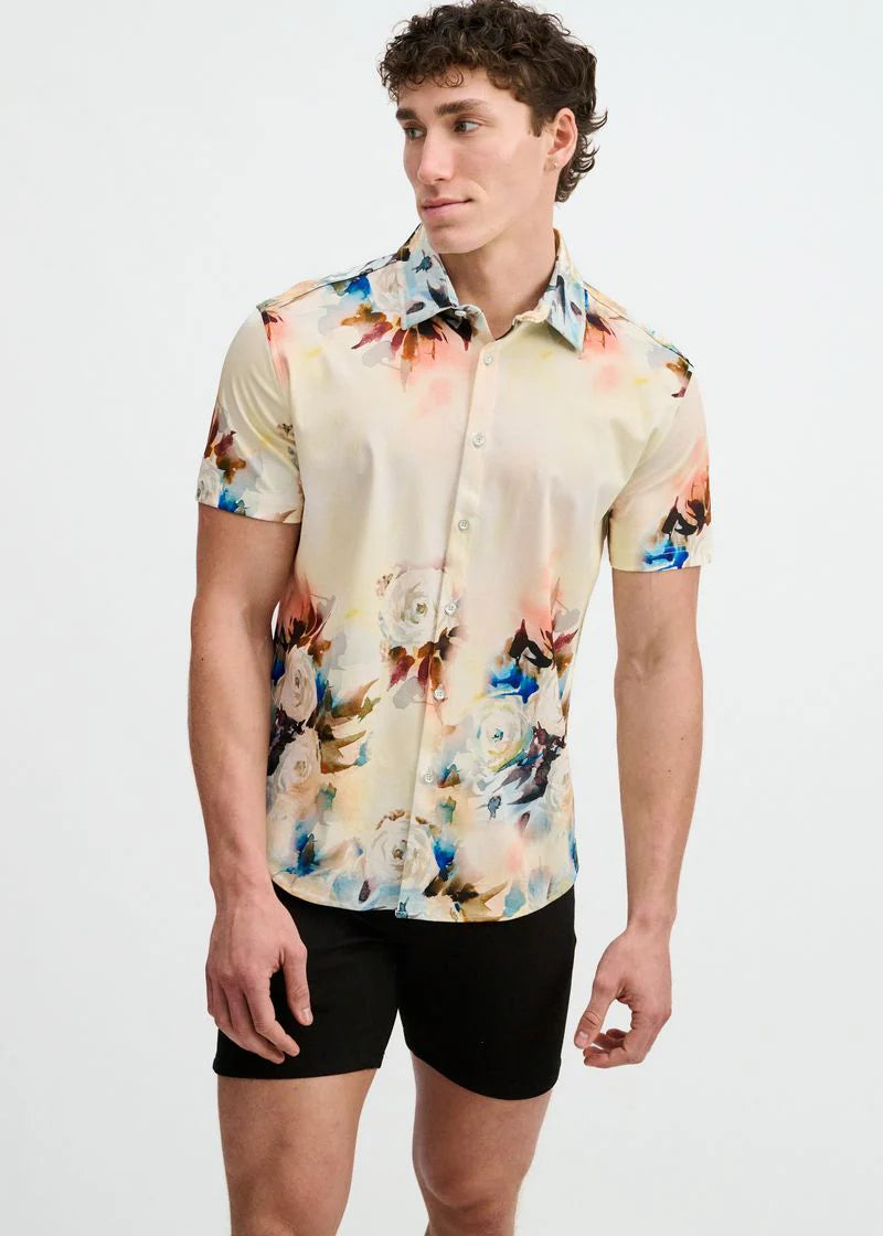 Print Cotton Knit Short Sleeved Shirt (Yolk/Blush)