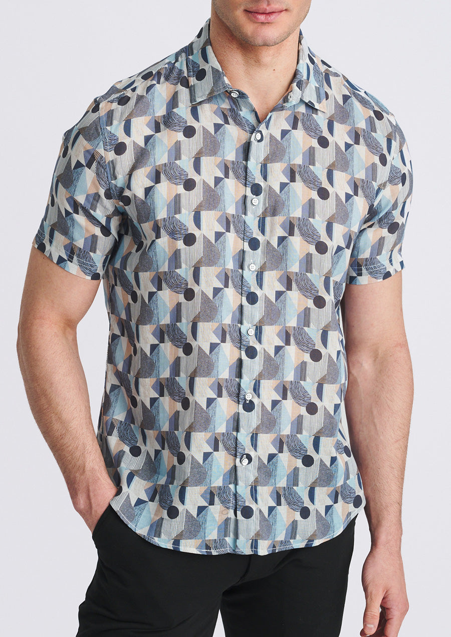 Printed Linen/Tencel Shirt (Blue/Navy Blocks)