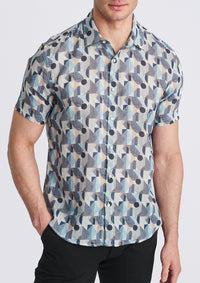 Printed Linen/Tencel Shirt (Blue/Navy Blocks)