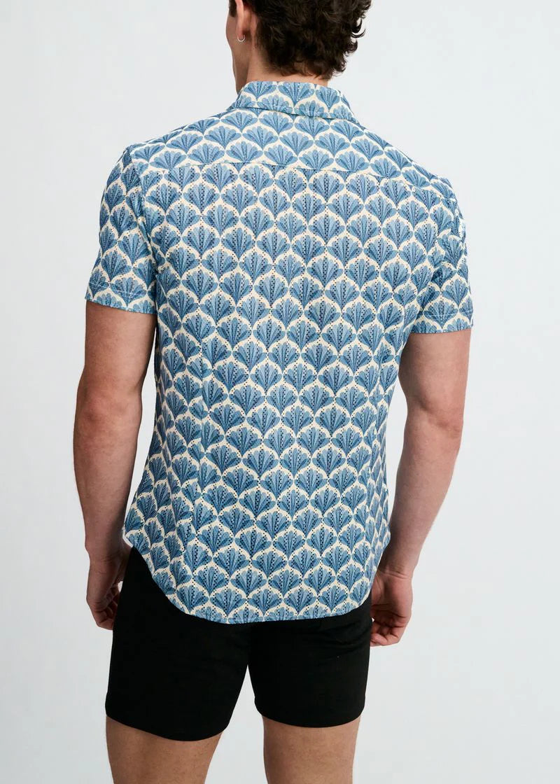 Printed Open Knit Stretch Shirt (Slate/Blue Floral)