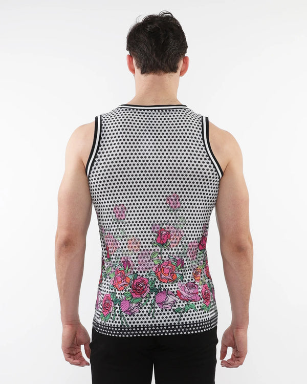Printed Mesh Tank Top (Black Floral)