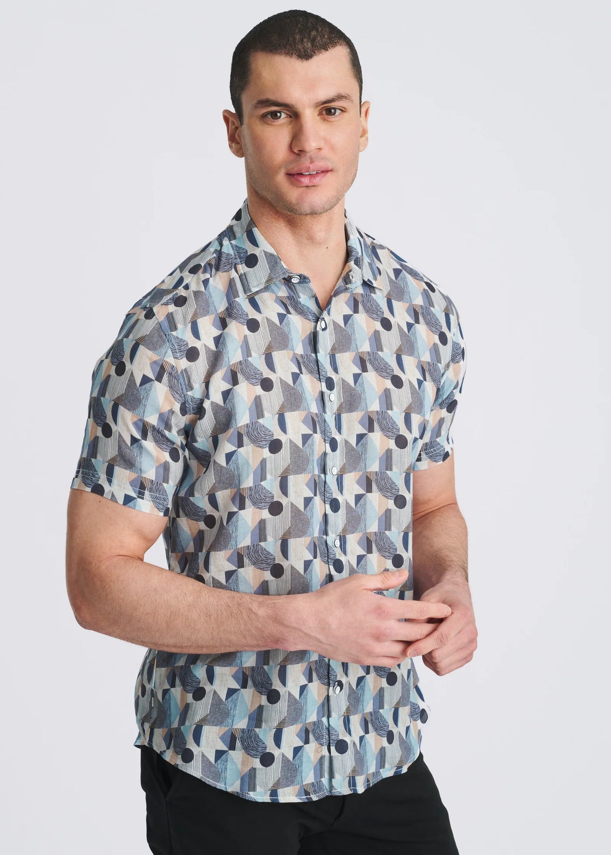 Printed Linen/Tencel Shirt (Blue/Navy Blocks)