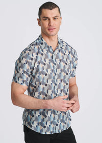 Printed Linen/Tencel Shirt (Blue/Navy Blocks)
