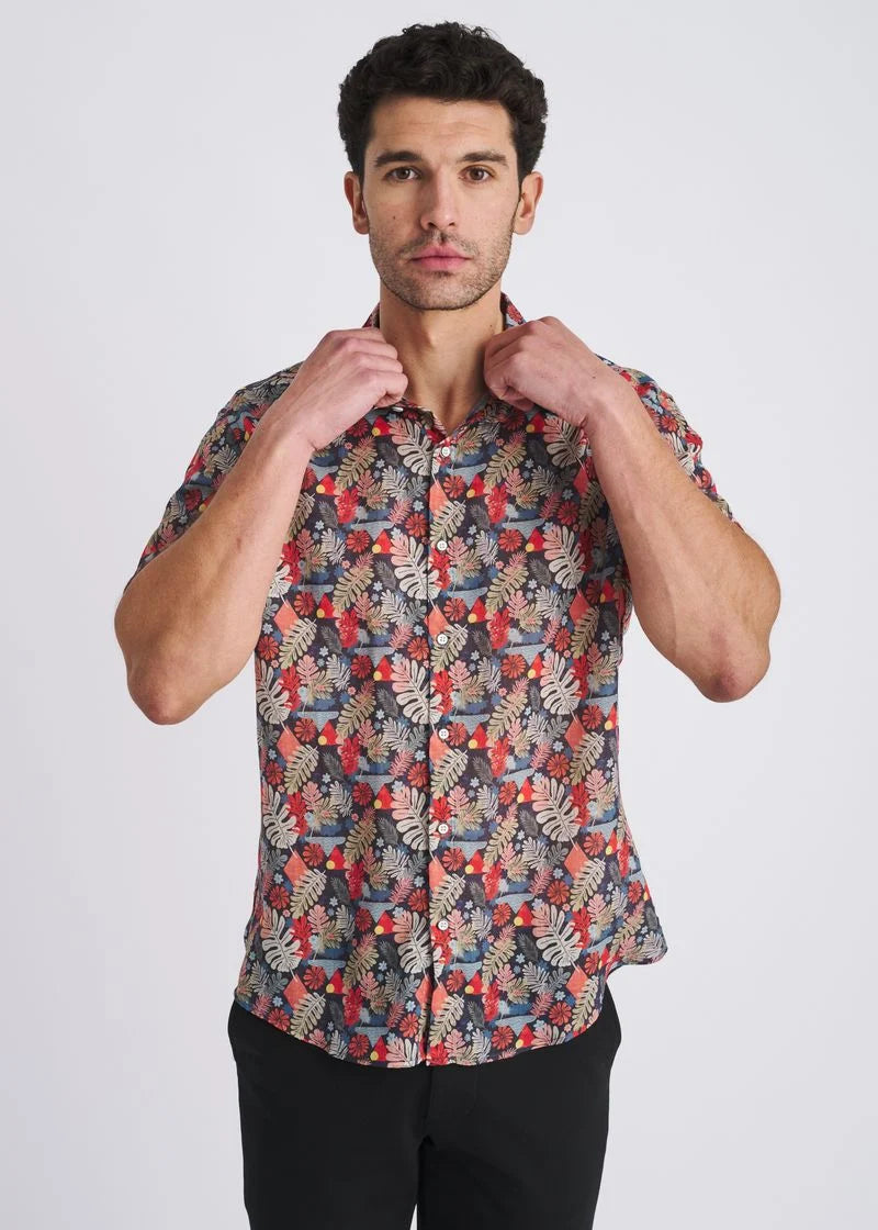 Printed Linen/Tencel Shirt (Navy/Sage)