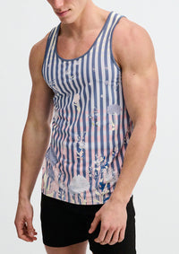 Printed Mesh Knit Tank (Slate/Blush Stripes)