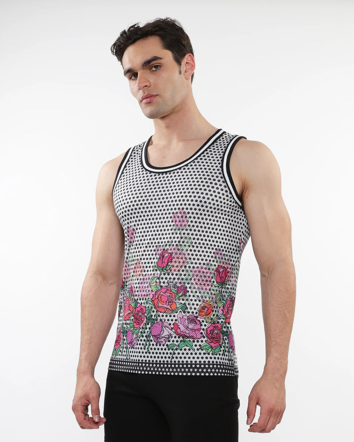 Printed Mesh Tank Top (Black Floral)